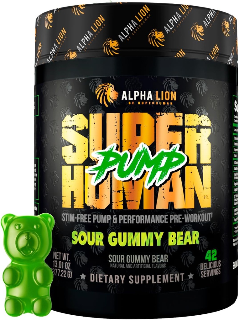 Alpha LION Superhuman Pump Pre Workout Powder, Nootropic Caffeine & Stim Free Preworkout dodatek, Nitric Oxide Booster, Muscle Gainer, Energy & Focus (42 Servings, Sour Gummy Bear)
