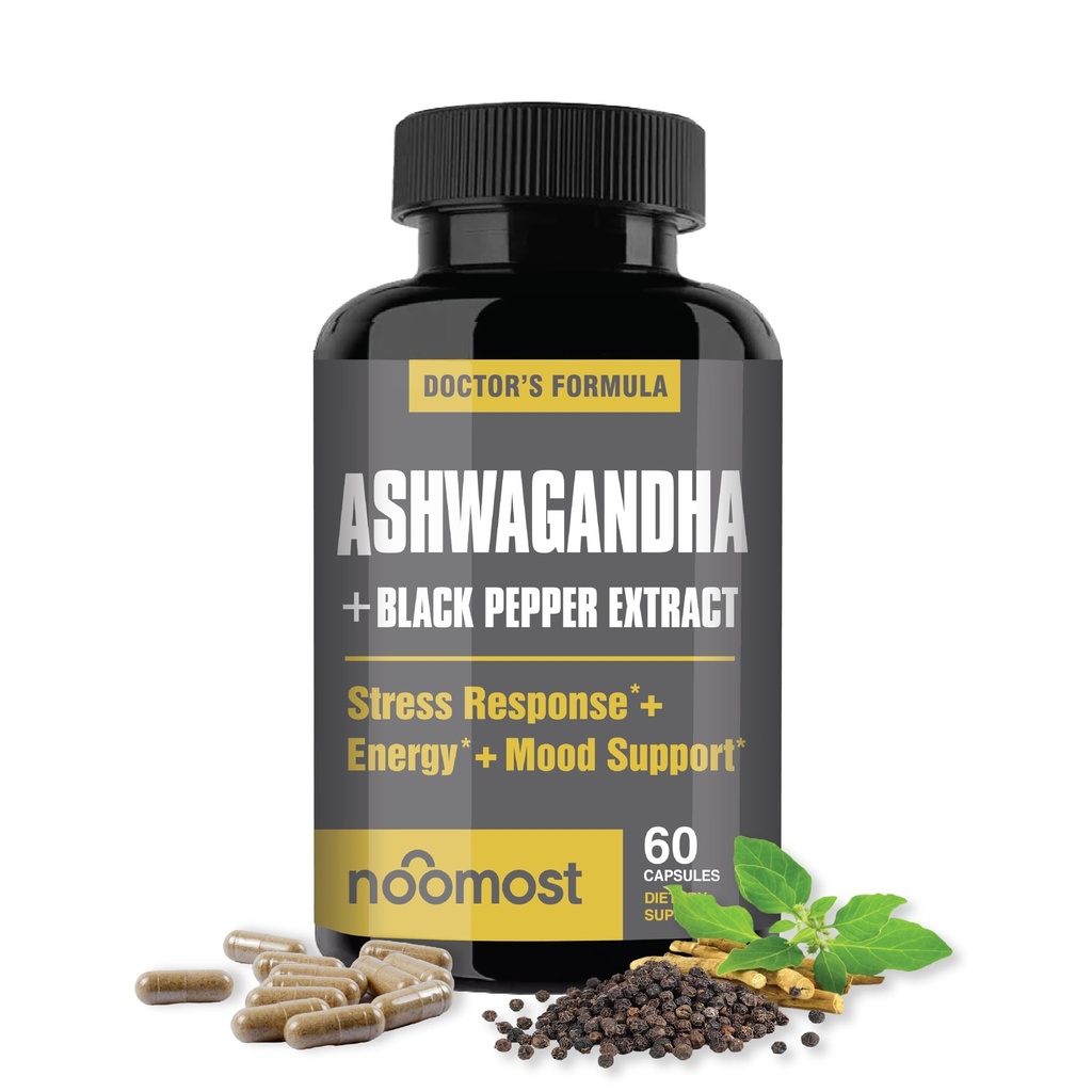 NooNajbolj organski Ashwagandha 400 mg Kapsule w/ Black Pepper Extract kot Vegan Ashwagandha dodatki za protitres relief, naravni Mood podpora, Energija & Focus-60 Kapsule