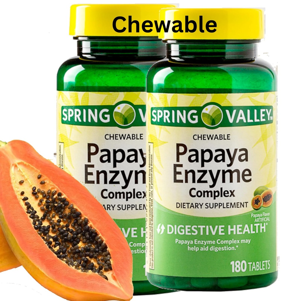 Spring Valley Papaya Enzyme Žvečljiva - 360 Veganske tablete, Bromelain Nova Formula Prebavna pomoč