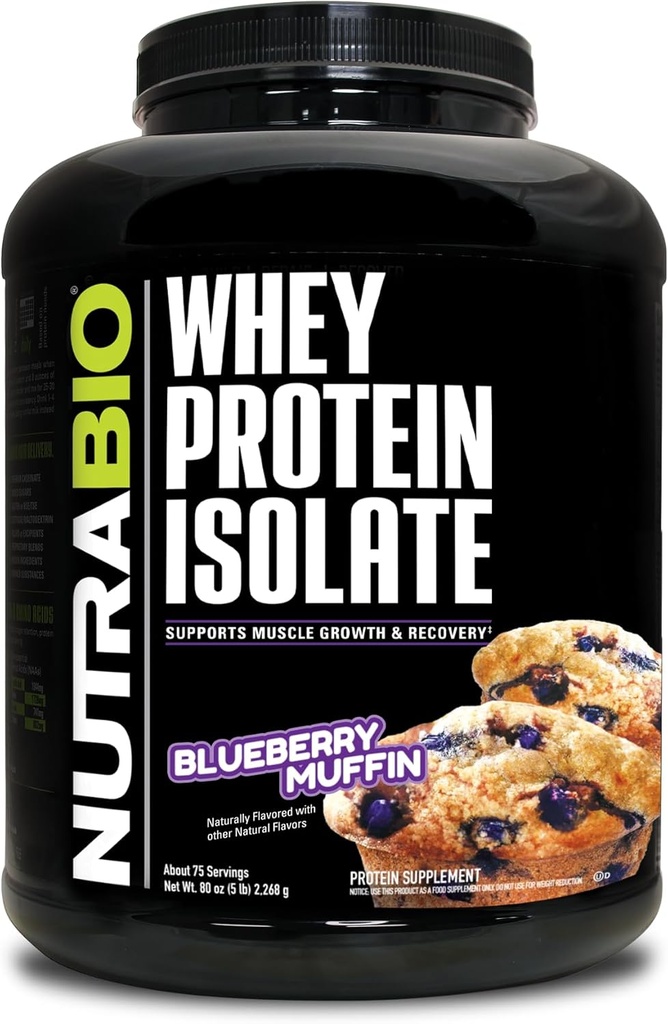 NutraBio 100% Whey Protein Isolate Protein Powder – 25g Beljakovine s popolnim profilom aminokislin, brez GMO, soje in glutena, z nizko vsebnostjo ogljikovih hidratov in nizko vsebnostjo sirotkinih beljakovin v prahu - borovničev Muffin - 5 Lbs.