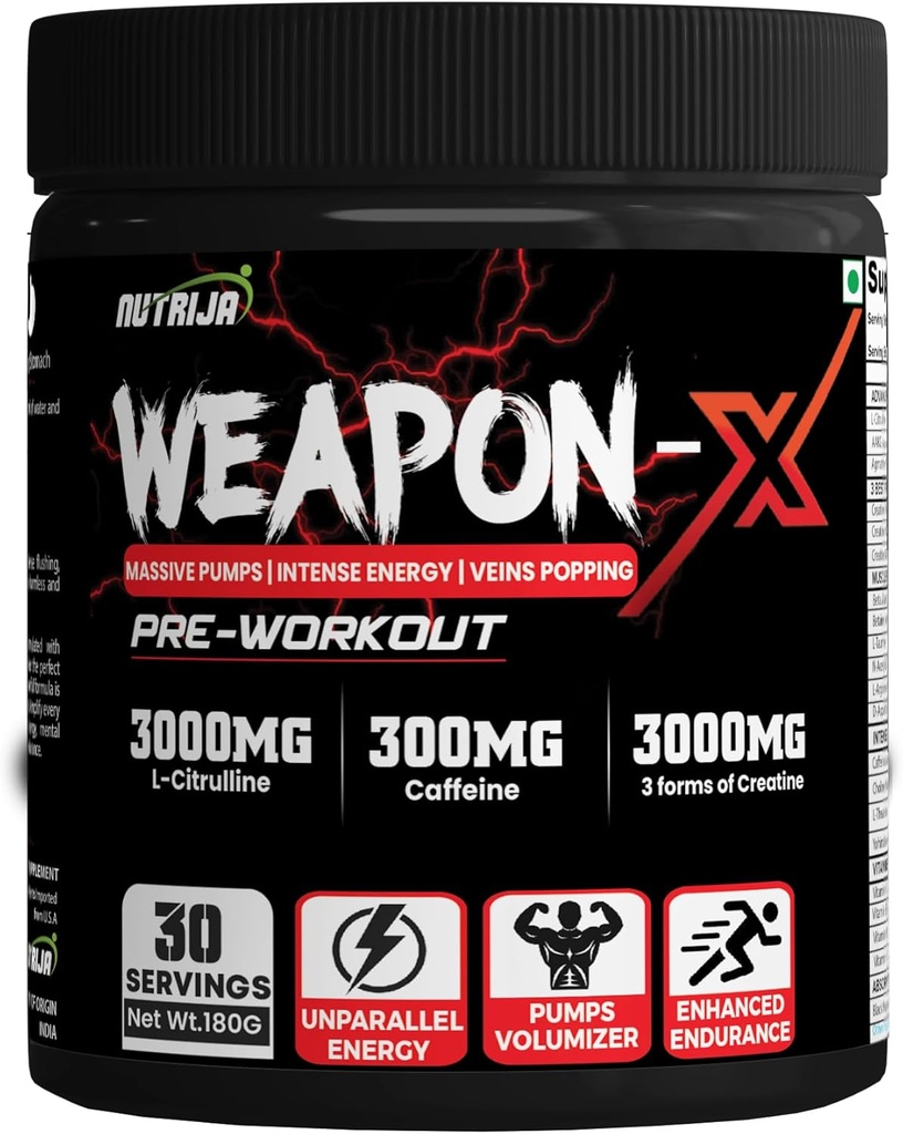 Orožje-X Pre-World Powder z 21 aktivnimi sestavinami - 3 najboljše oblike kreatinov, AAKG, beta-Alanin, kofeina 