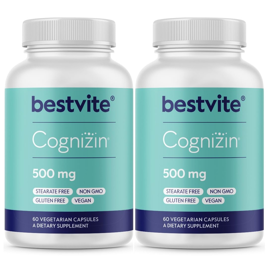 BESTVITE Cognizin Citicoline 500mg (120 vegetarijanskih kapsul) (60x2) - klinično raziskano Premium holin nootropic - brez stearat - Vegan - Gluten Free - Možgani dopolnila za spomin in fokus