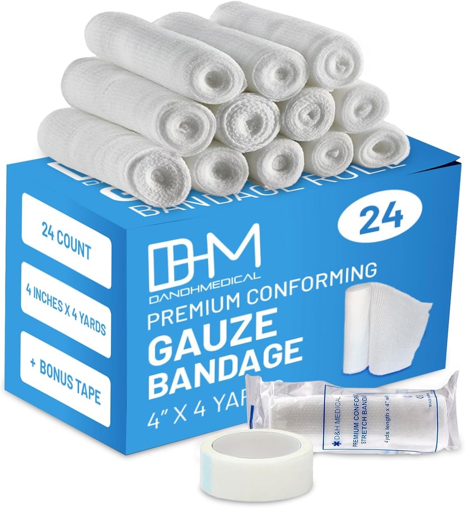 D&H Medical Pack of 24 Gaze Bandage Roll 4 Inches x 4 Yards - Medicinski gaze Ovoj za nego ran - Enostaven za uporabo Cotton Gaze Rolls za ročno zavijanje Oblačenje Angles & kolena