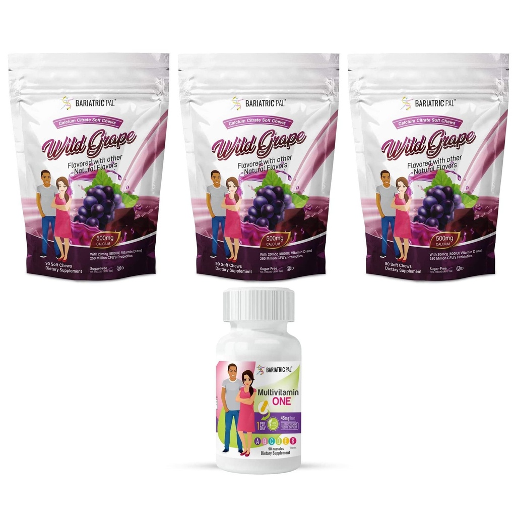 BariatricPal 90-dnevni bariatrični vitamin Bundle (Multivitamin ONE 1 na dan! Kapsula s 45 mg železa in kalcijevega citrata Soft Chews 500mg s probiotiki - divje grozdje)