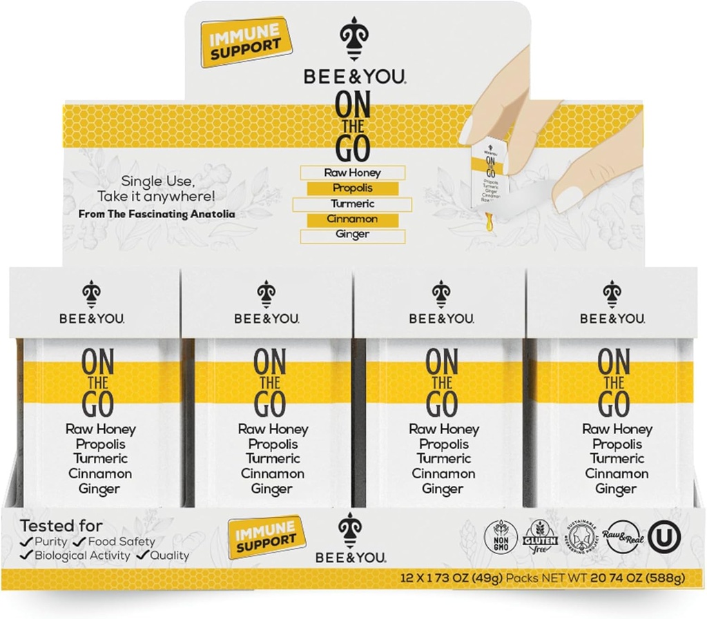Čebela in ti na poti, Imunska podpora dodatek, Surovi Med, Propolis, Kurkuma, Cimet, Ginger, Superfrood, Odlično Okus, za otroke in odrasle, 12 Pack, 1,73 oz Vsak
