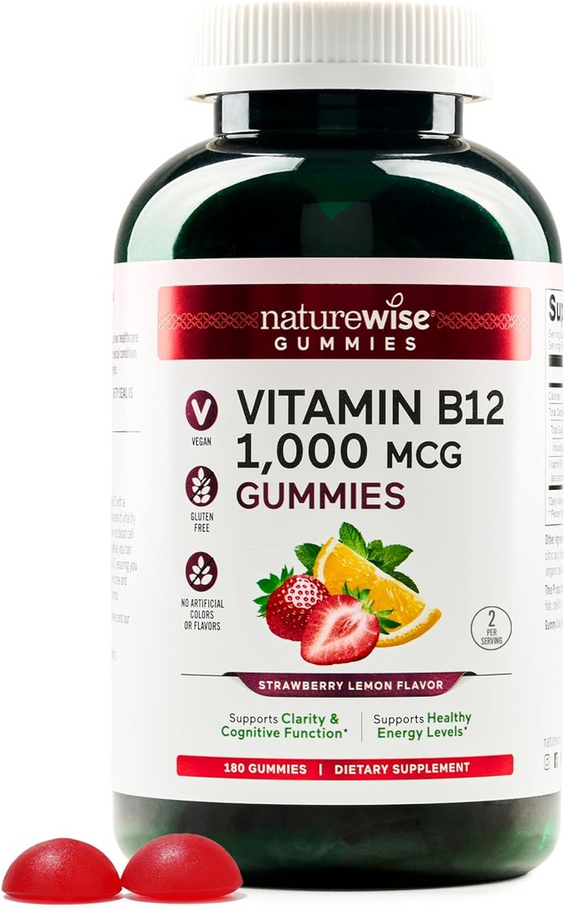 NatureWise Vitamin B12 Gumies za odrasle, 1000 μg - Jagodna limonina aroma - podpira dnevno energijo, mentalno jasnost, kognitivno funkcijo - Veganska, Gluten-free, Non-GMO - 180 Count[3-mesečna zaloga]