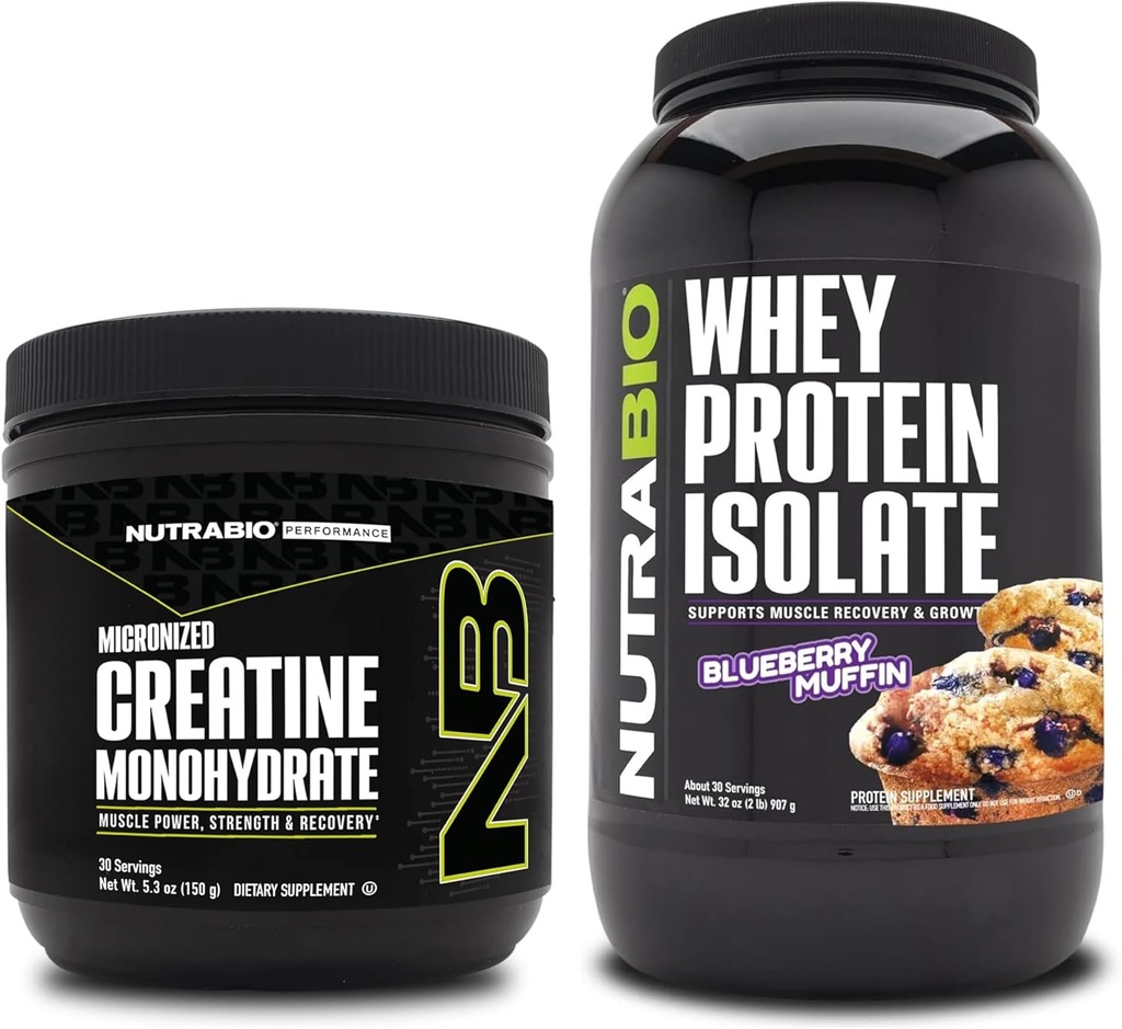 NutraBio Kreatin Monohidrat, brez arome, 150g in sirotkinega proteina izolat, borovnice Muffin, dodatek paket - mišična energija, rast, okrevanje in moč