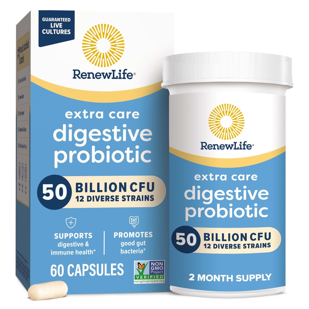 Renew Life Extra Care Prebavne probiotične kapsule, 50 milijard CFU zajamčena, Dnevna dopolnila podpira Imunske, Prebavne, Dihalno zdravje(1), L. Rhamnosus GG, Mlekarna, Soja in Gluten-free, 60 Število