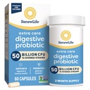 Renew Life Extra Care Prebavne probiotične kapsule, 50 milijard CFU zajamčena, Dnevna dopolnila podpira Imunske, Prebavne, Dihalno zdravje(1), L. Rhamnosus GG, Mlekarna, Soja in Gluten-free, 60 Število