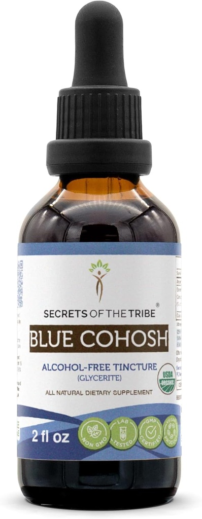 Skrivnosti Tribe Blue Cohosh USDA Ekološka brezalkoholna tinktura (Glicerit) Odgovorna gojena modra Cohosh (Caulophyllum Thalictroides) Posušena korenina (2 Fl Oz) Ženski zdravstveni dodatek