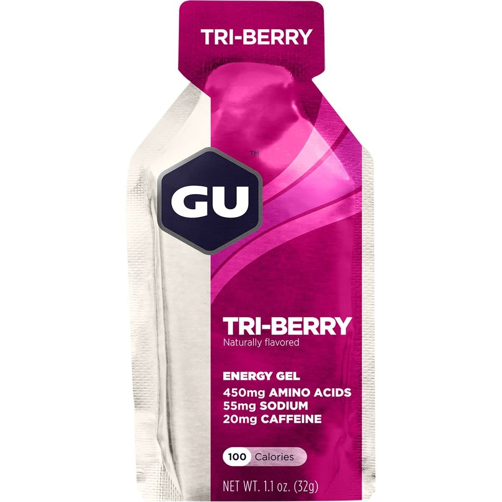 GU Energy Original Sports Nutrition Gel 8-Count Vanilla Bean in 8-Count Tri-Berry paket z aminokislinami in elektroliti