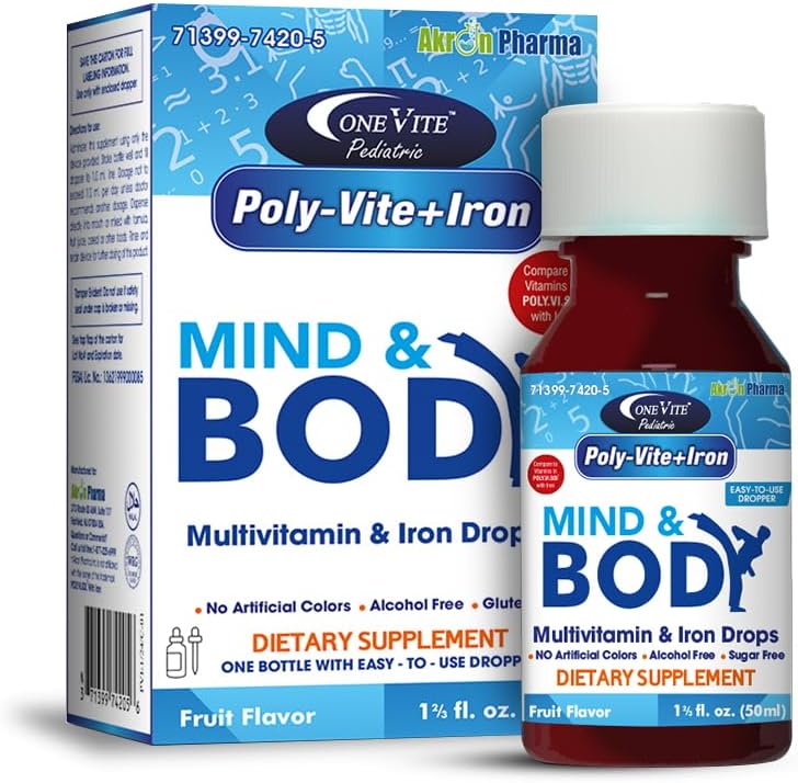 Poly-Vite+Iron večvitaminske železne kapljice za dojenčke in malčke – podpira močno rast, razvoj možganov, imuno zdravje – brez umetnih barv, Gluten-free, 50ml kapalko steklenica za eno vino