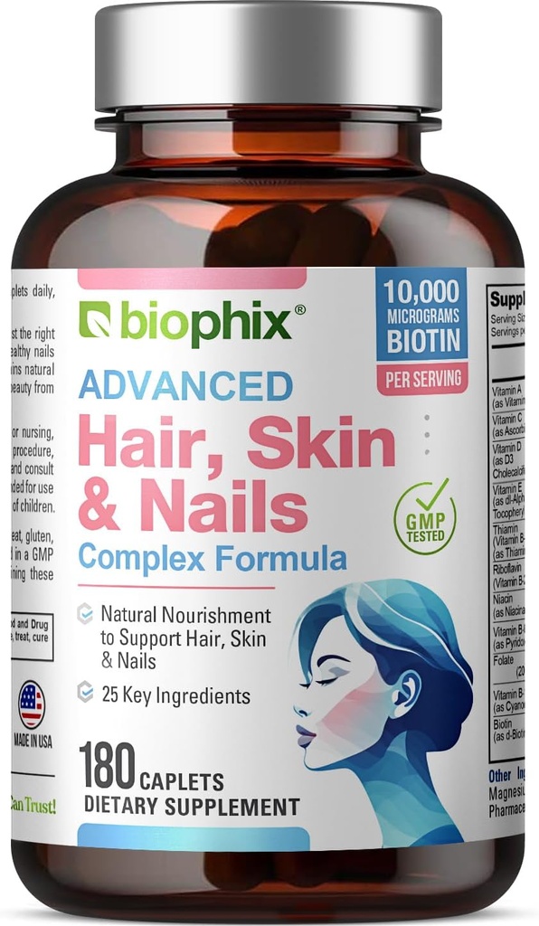 biophix Koža in nohti Complex 180 Kapleti z 10.000 mcg Biotin - multivitaminski podpira močne nohte lepo las zdravo staranje