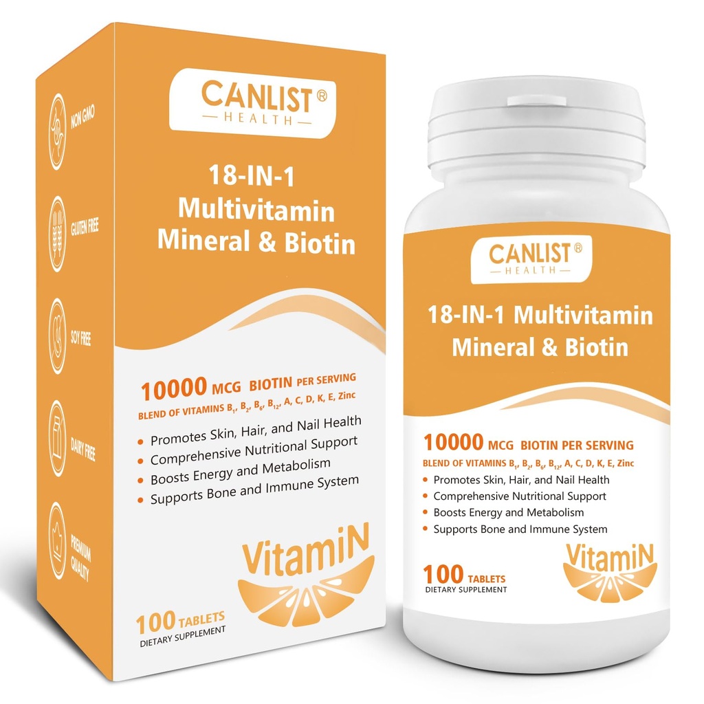 Koža in nohti za lase Multi-vitamin za moške in ženske, 10000mcg Biotin & multimineral, vsebuje B-vitamine, vitamine C, E & D3, trace minerale, cink, Gluten-free, Dairy-free, Soy-free, 100 tablet