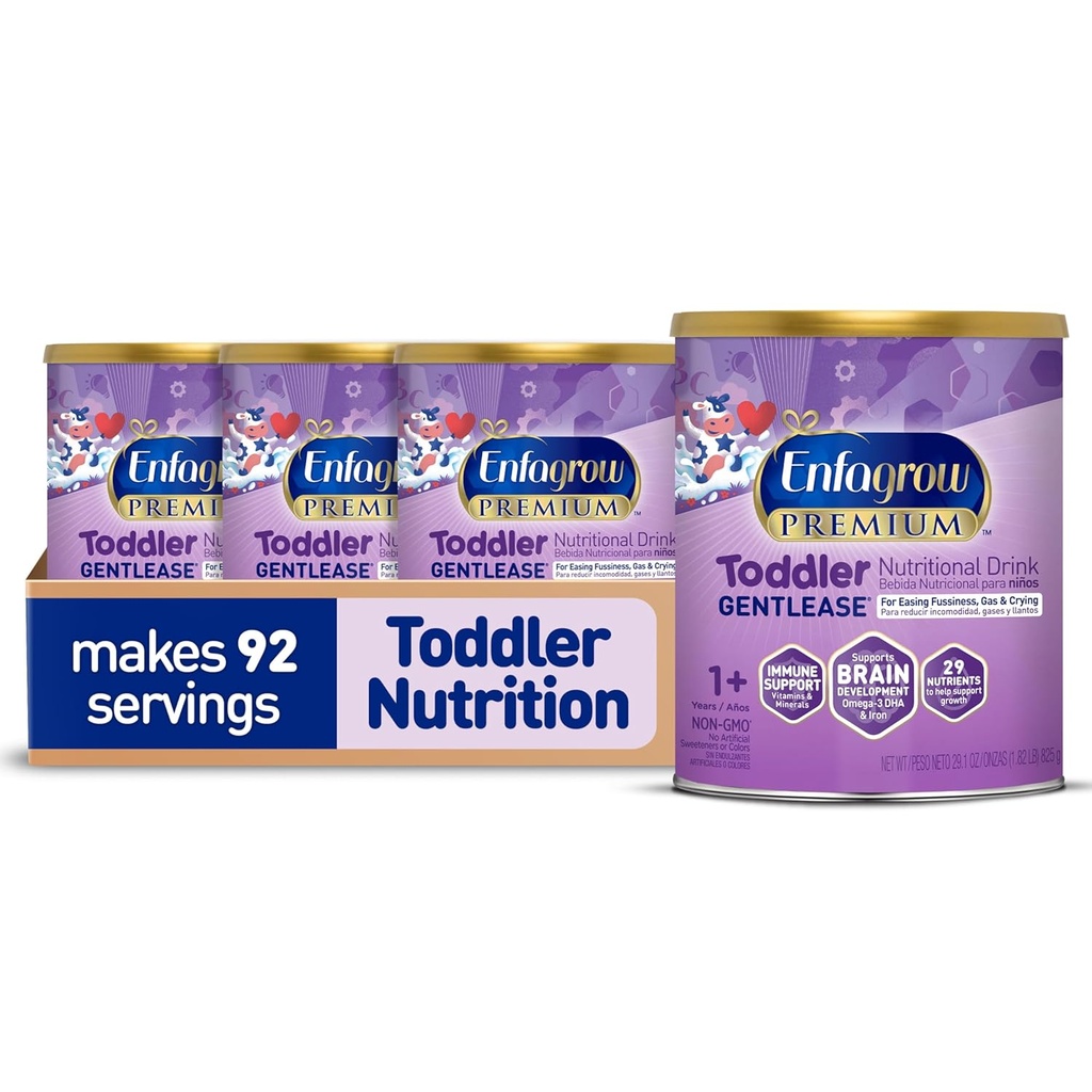 Enfagrow PREMIUM Gentlease Toddler Nutritional Drink, izdelan s pravim mlekom, zasnovan tako, da se olajšajo jeza, plin in jok, hranila za rast in imuno podporo, Powder Can, 29.1 Oz (Pack of 4)