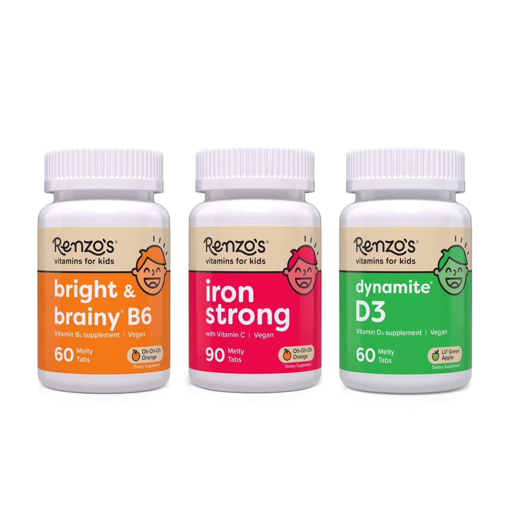 Renzovi vitamini Mogočni Kid Bundle - Železni dodatki za otroke, Vitamin D3 za otroke in Bright & Brainy Vitamin B6