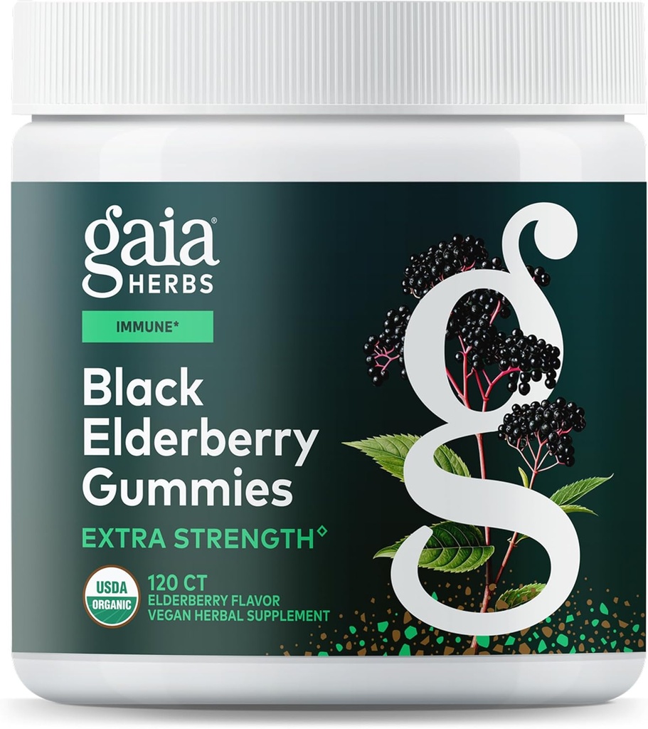 Gaia Herbs Black Elderberry (Sambucus nigra) Extra Strength Gummies - Delicious Immune Support Supplement* - Izdelano s certificiranimi organskimi jagodami za podporo imunskega sistema* - 120 Gummies