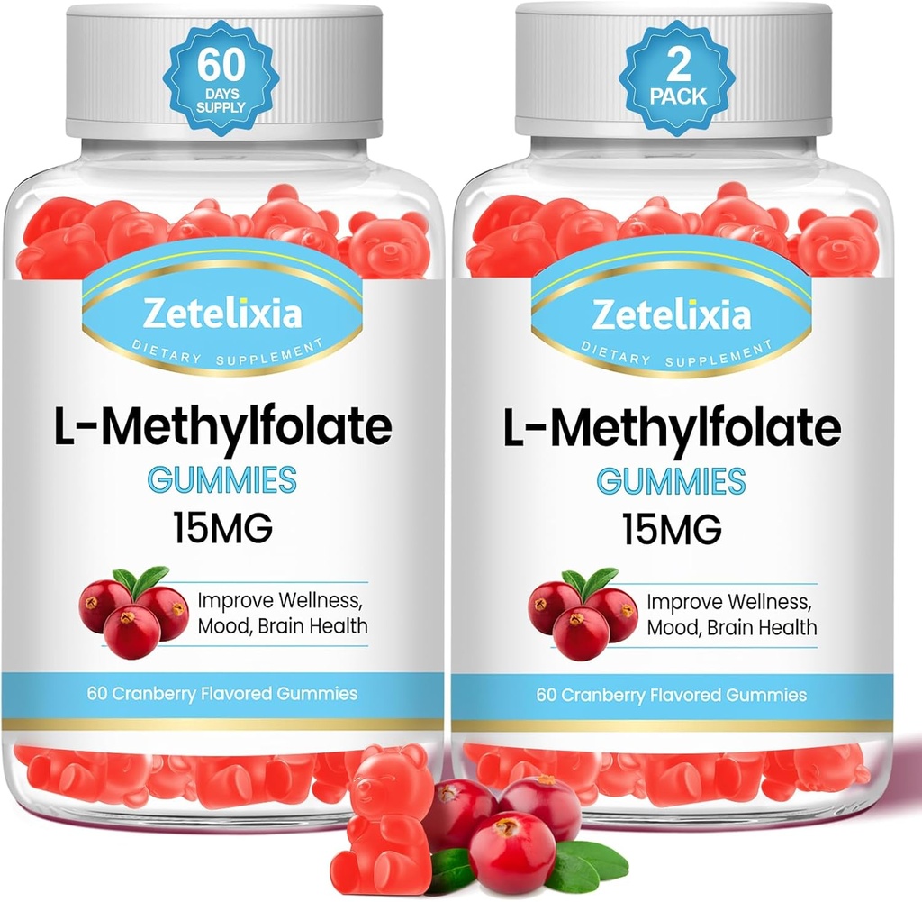 2 Pack L-metilfolat 15mg & metil B12 Gumies, Folat dopolnilo za zdravje možganov, Mood & Imuniteta, DNK Sinteza in popravila, sladkor brez, Vegan, brusnični okus, 120 Count