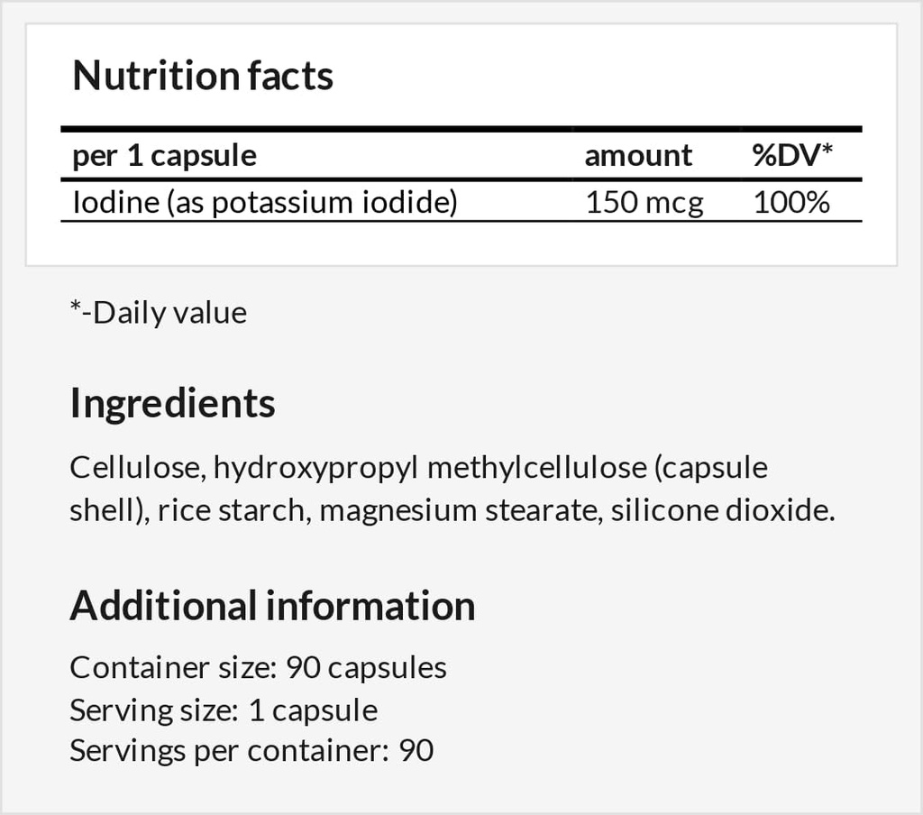 Kalijev jodid 150 mcg na kapsulo - 90 veganskih kapsul - 3 mesece dobave - za optimalno Gland funkcijo in energetsko presnovo - prehranska dopolnila z Apollovo hegemonijo