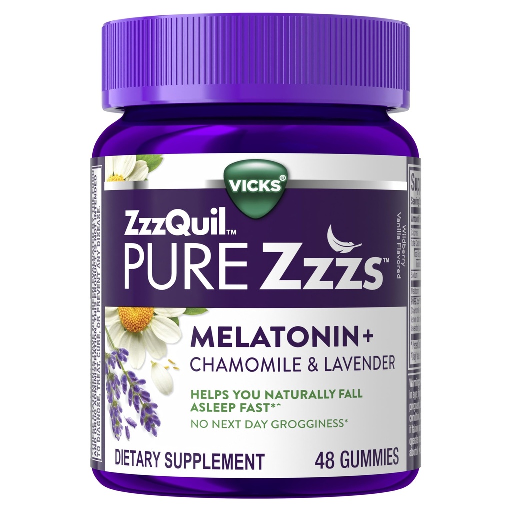 ZzzQuil Pure Zzzs Melatonin Gumies, Pomoč v spanju, Melatonin 2mg, s kamilico & sivka, Melatonin Sleep Gumies, Pomoč za spanje za odrasle, Wildberry Vanilla aromed, 48 Sleep Gumies