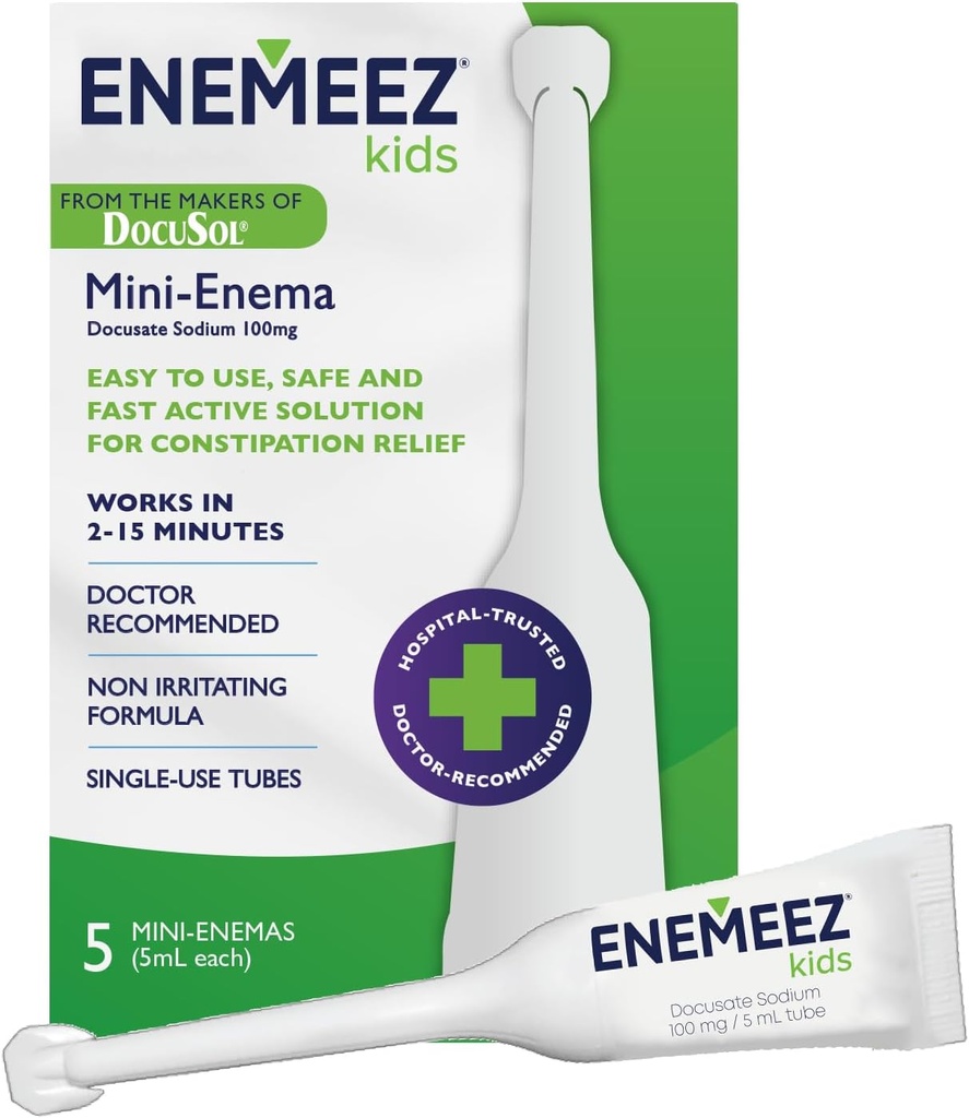 DocuSol Enemeez Kids Enema - zaprtje Relief za otroke, Docusate Natrij Stool Softener, Hitro delovanje, 5 Tube za enkratno uporabo