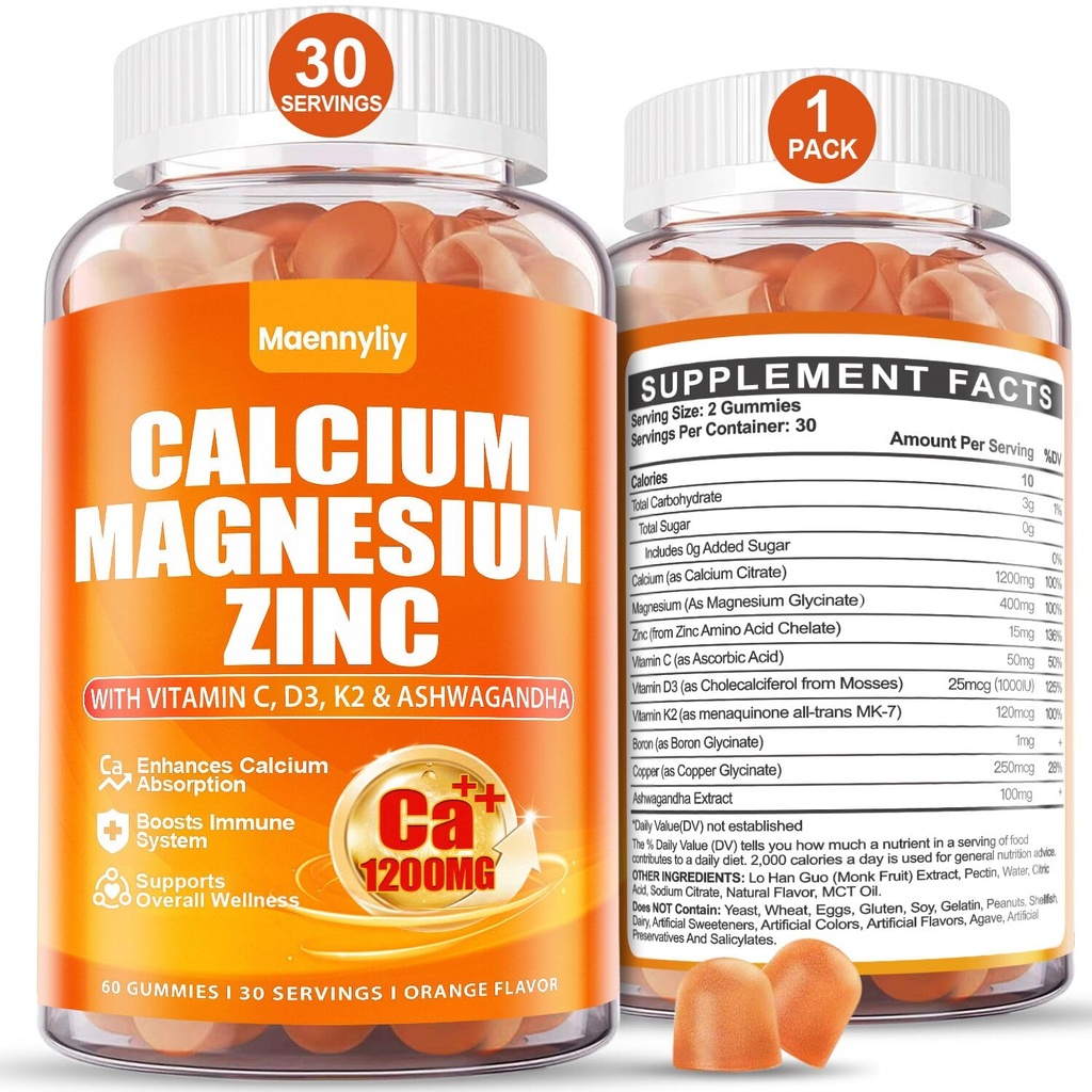 Kalcij 1200 mg z vitaminom D3 Gumiji za odrasle - kalcijev citrat z vitaminom D3 K2, magnezij, cink, boron, baker in Ashwagandha - dodatna absorpcija Kalcij dodatek za ženske moške