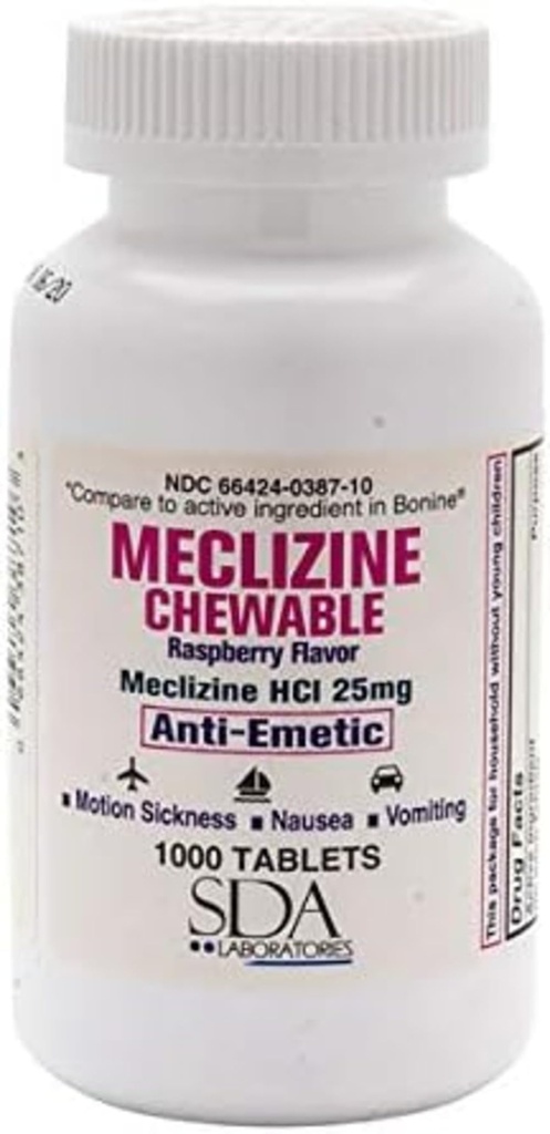 SDA LABORATORIES Meclizin žvečljive tablete, 25 mg, antiemetik, malina aroma, Motion Bolezen & Vrtoglavica Relief za slabost, omotica, in bruhanje, 1000 Število (1 pakiranje)