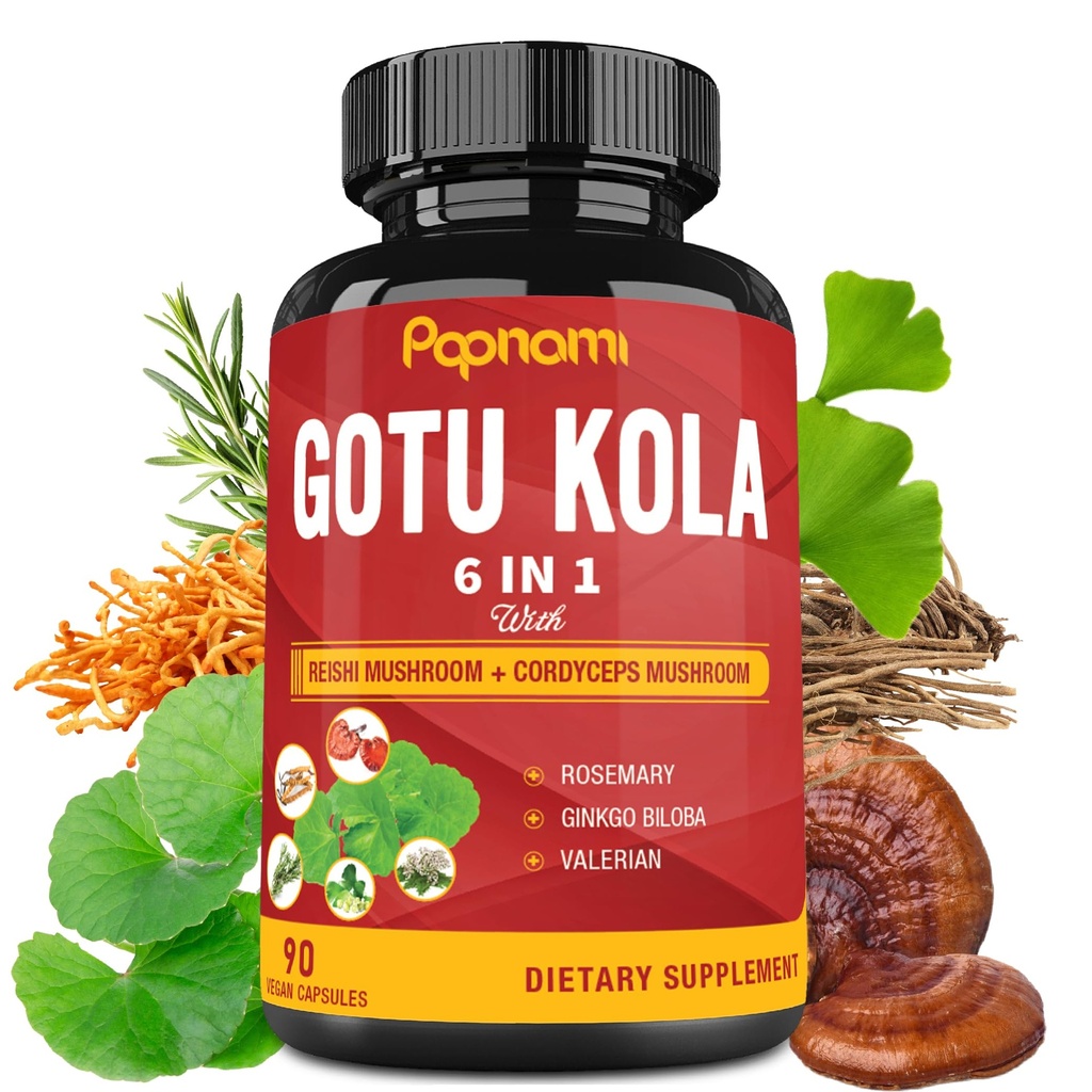 Organski Gotu Kola Extract kapsule z Reishi, Cordyceps, Rosemary, Gingko Biloba & Valerian Root - 90 Štetje za 3 mesece - Podpira možgane, imuniteto, zdravje kože in srca