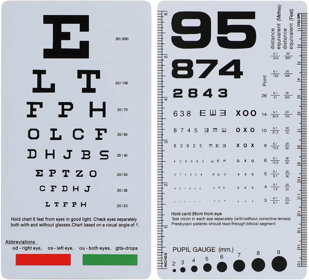 NOYOC 2 Pack Pocket Eye Chart, 2 v 1 Snellen & Rosenbaum Chart, 6,5x3.5 Inches, ročni dvojni strani Plastic Low Vision kartice za izpite (2 Pack 6 noge)