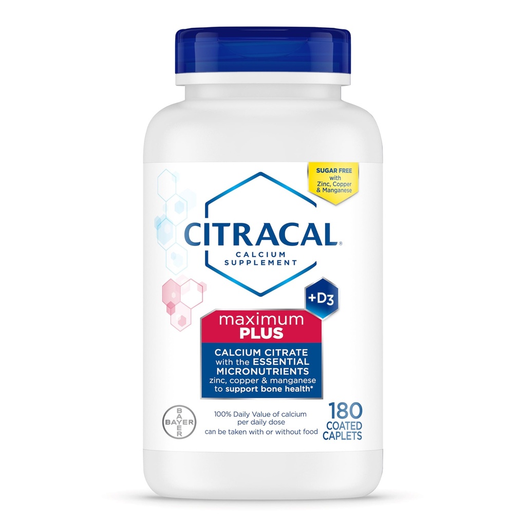 Citrakalni maksimum plus kalcij dodatek - kalcijev citrat z vitaminom D3, cink, & Eterični minerali za zdravje kosti, starost 12+, 180 Število (Packaging May Vary)