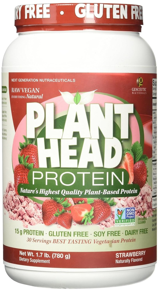 Genceutic Naturals Plant Head Protein Seveda okusno Najboljši okus Jagode Raw Vegan Vegetarian Beljakovine Prehranska dopolnila Gluten Soy Mlečni GSO Brez – 30 Serving (1.8 funtov)