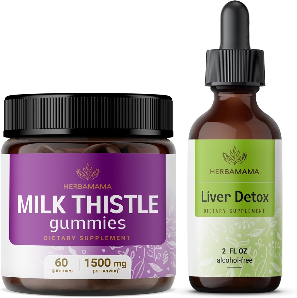 HERBAMAMA mleko osat in jetrna podpora kompleks Kit - paket mleka Thistle Gummies & jetra Detox Tekoči kompleks 4 fl oz - Vegan, Non-GMO, Alkohol-free - 2 paket