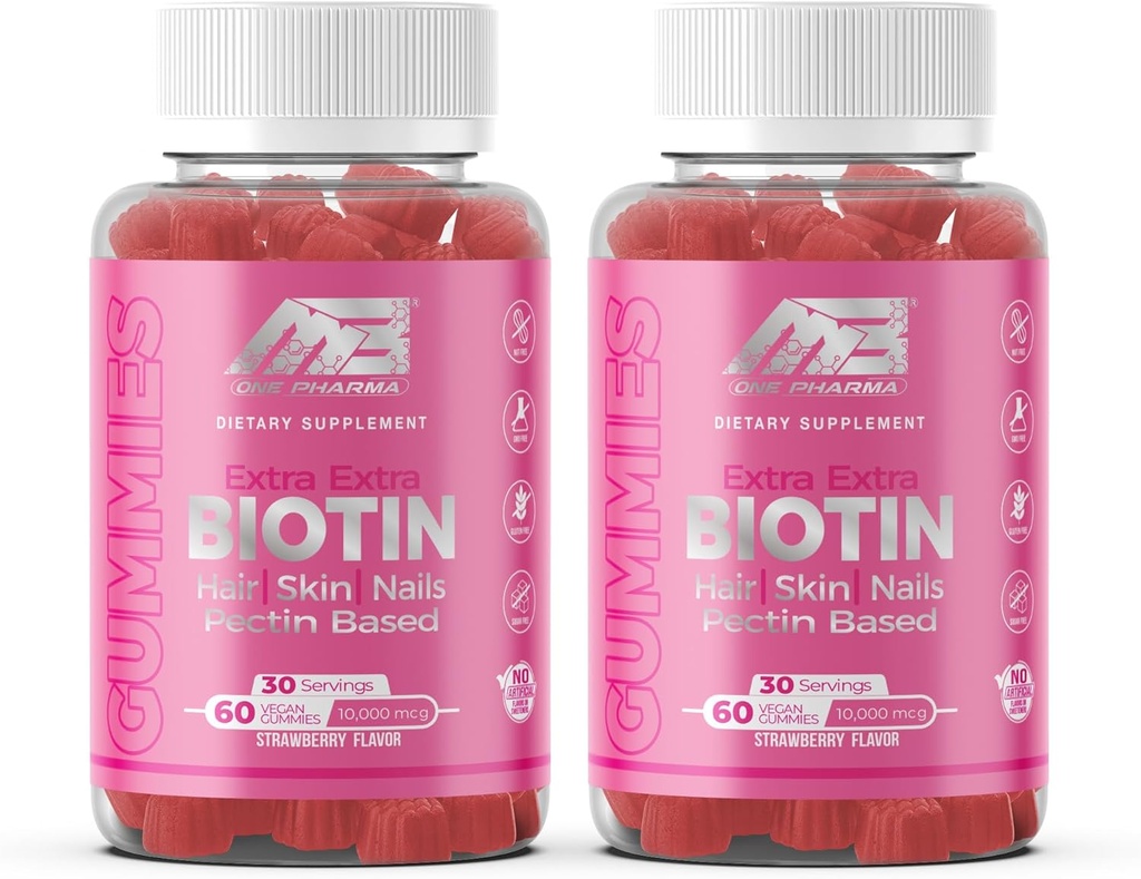 MB One Biotin Gumies-High Potency-zdrave lase, kože in nohte krepitev, Vitamin B7, (10000 Mcg) Non-GMO, pektin na osnovi, za otroke in odrasle, Jagodna naravna aroma 2 Pack