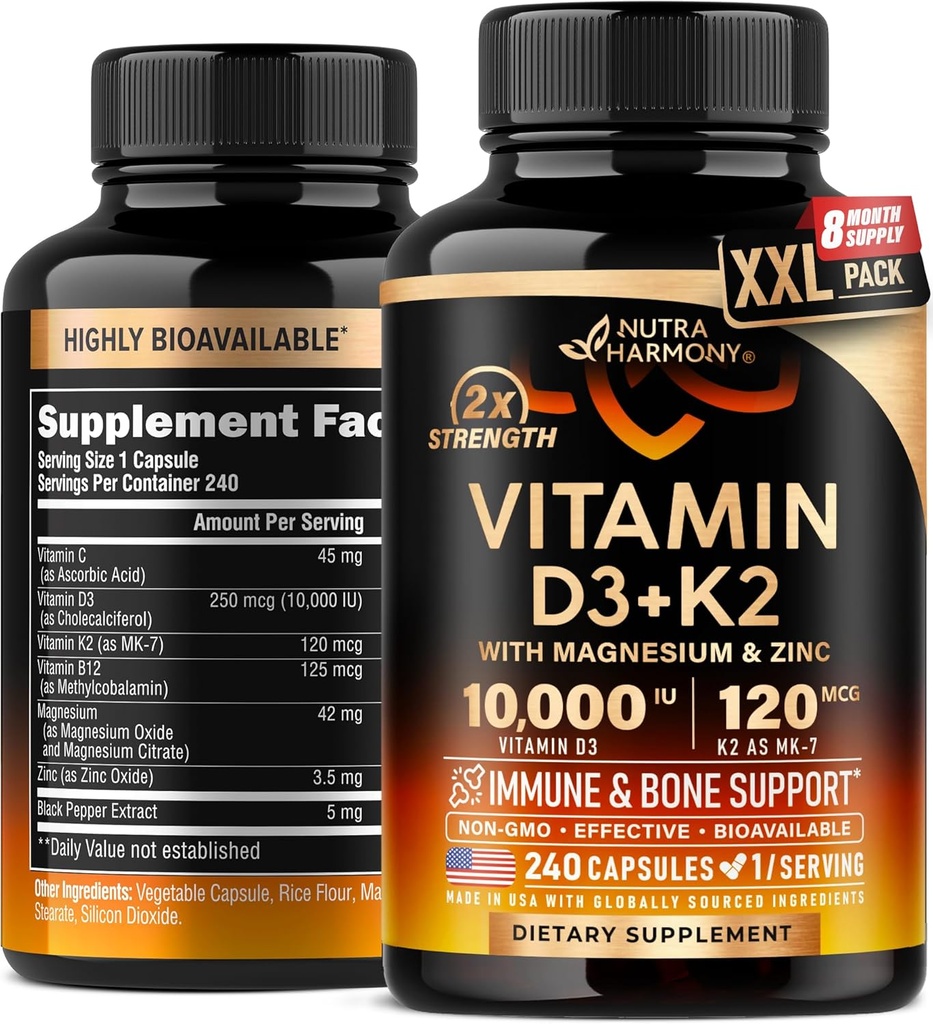 Vitamin D3 K2 - Vitamin D3 10000 iu & K2 kot MK-7 120 μg - Imunska in razpoloženjska podpora, za zdravje kosti in zob - z magnezijem, cinkom in vitaminom C & B12 - Zelo biološko na voljo - Izdelano v ZDA, 240 Kapsule