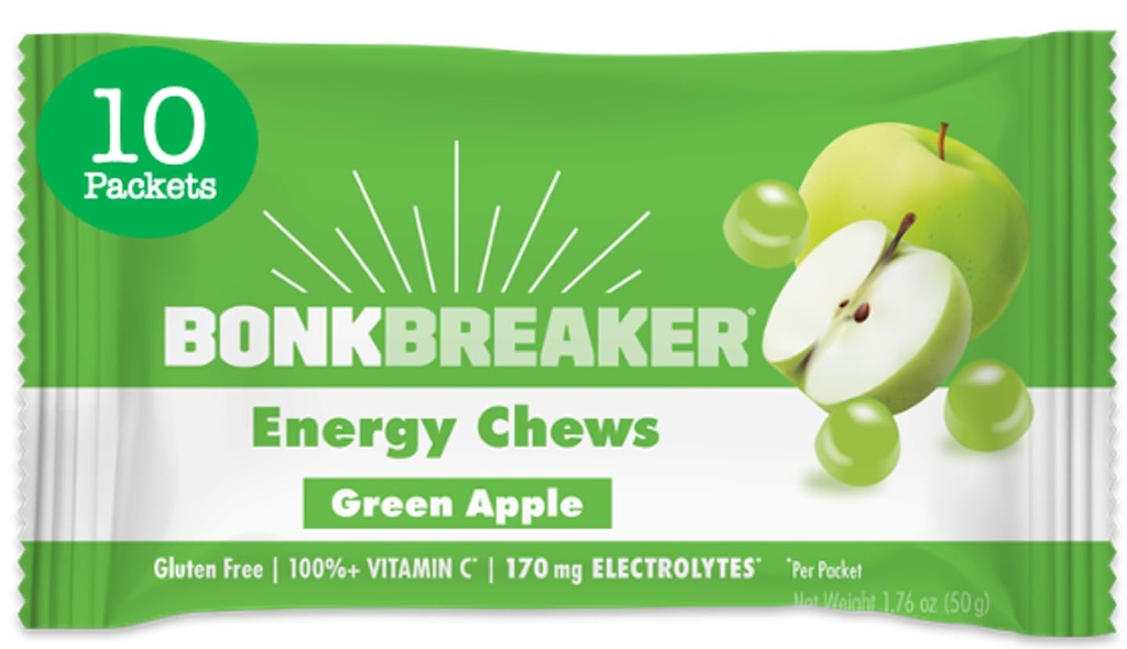 Bonk Breaker Energy Chews, Dairy-free, Gluten-free sestavine za zagotavljanje hitro energijo in fokus, 1 Box of 10 Packets, Green Apple