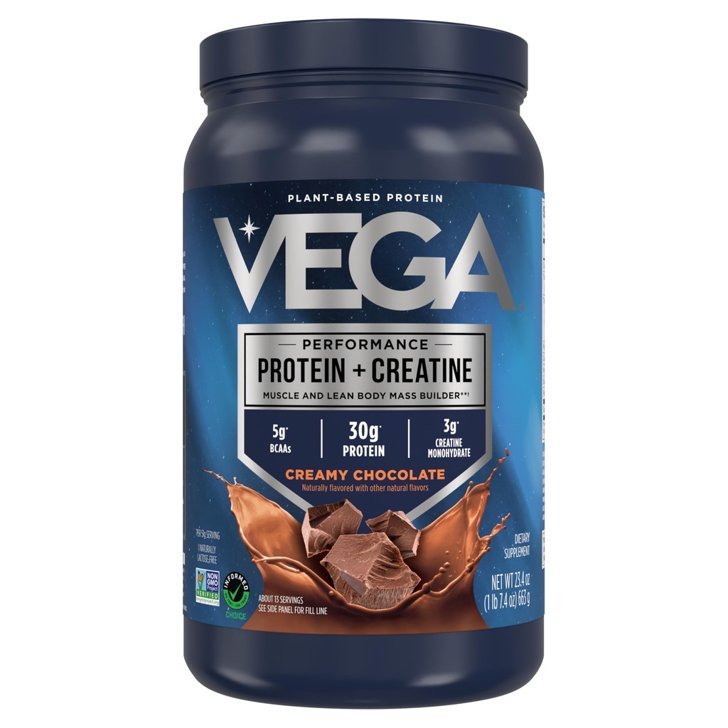 Vega proteini + Kreatin - 30g Rastlinske beljakovine, Čokolada, 13 Servingi, 3g Kreatin, 5g BCAA, Vegan, Keto, Gluten, Brez mleka, Nizka vsebnost ogljikovih hidratov, za rast mišic in popravila, Mešanica pijač, 23,4oz