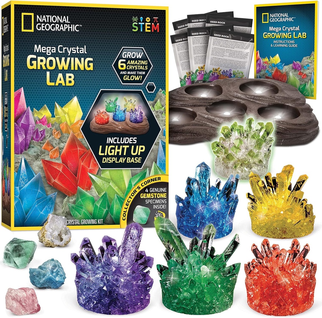 National Geographic Mega Crystal Growing Kit - Odrasti 6 kristali z Light-Up stojalo, Znanstvena darila za otroke 8-12