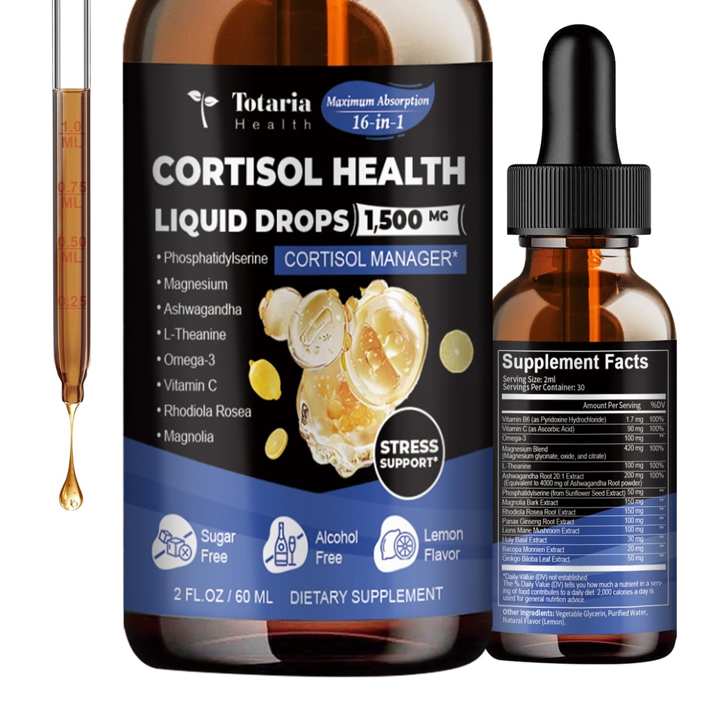 Totaria kortizol Dopolnilo Tekočih kapljic Hormonsko ravnovesje za ženske moški z magnezijevim kompleksom,Ashwagandha,Rhodiola Rosea,L Theanine,Phosphatidilserine dodatki Mood, Focus, Podpora za spanje 2 FL.OZ