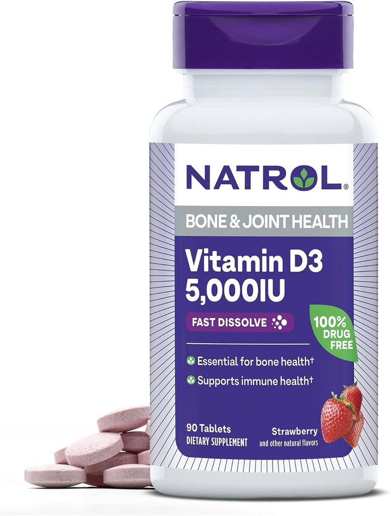 Natrol hitro raztopi vitamin D3 5000 i.e., prehransko dopolnilo za zdravje kosti in sklepov, dodatek za podporo kosti, 90 tablet, 90 dnevna oskrba