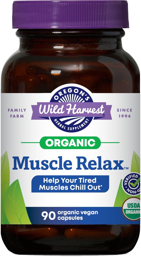 Oregon Wild Harvest Muscle Relax Organic Herbal Supplement Veganske kapsule z Valerian, Hops in Skullcap - 90 Count