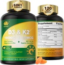 Vitamin D3 10000 i.e. Plus K2 (MK-7) 100mcg, veganski vitamin D3 K2 s curkom, magnezijem in cinkom za absorpcijo kalcija, zdravje kosti in imunskega sistema, kokosovo olje za visoko absorpcijo, enostavno požiranje, 120 Cts
