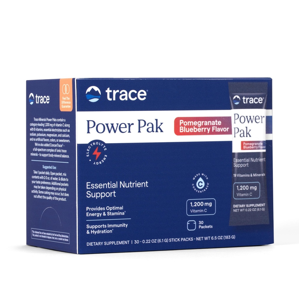 Trace Minerals Power Pak Multivitaminski in multimineralni paketi - podpora za elektrolite - 1200 mg Vitamin C Plus 70 Pomegranate Borovničeva aroma - 30 Paketov