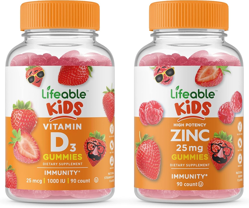 Življenjski cink 25mg Otroci + Vitamin D Otroci, Gummies Bundle - odličen okus, Vitamin dopolnilo, Gluten brezplačno, GSO brezplačno, Žvečljivi gumi