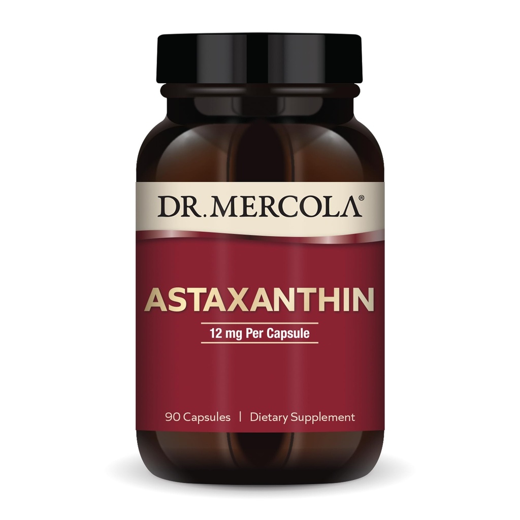 Dr. Mercola Organic Astaksantin - 12 mg Astaksantin - Močna podpora antioksidantom - Organski ekstrakt mikroalg - brez glutena in soje - 90 kapsul (90 servivov)
