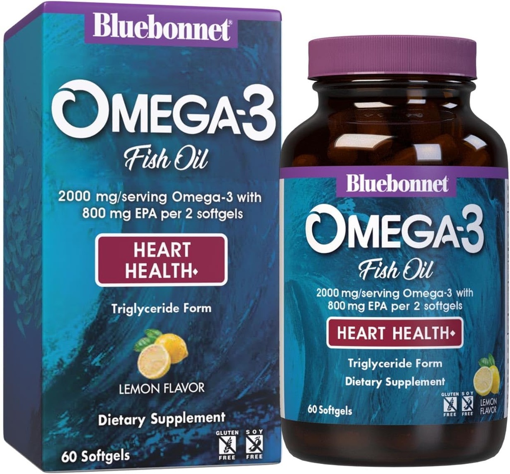Bluebonnet Nutrition Omega-3 Heart Formula Natural Wild Caught Triglicerid Form DHA 600 mg EPA 800 mg - Visoko koncentrirana podpora za zdravje srca - Gluten-free - 60 Softgel