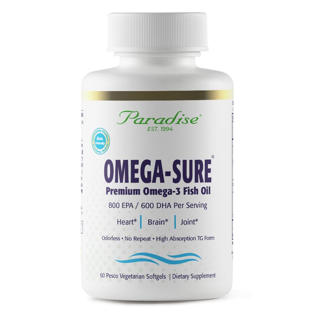Paradise Zelišča Omega-Sigurno, Omega-3 koncentrat, Premium ribje olje, DHA, EPA, Vegan, Non GSO, Gluten brez, 60 Grof vegetarijanske softgels