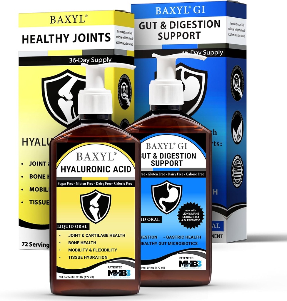 BAXYL & BaxylGI paket - (6 fl oz vsak) - Hyaluronic Acid Joint dodatek & Hylarunonan Amaferm Prebiotic Digestive dodatek.