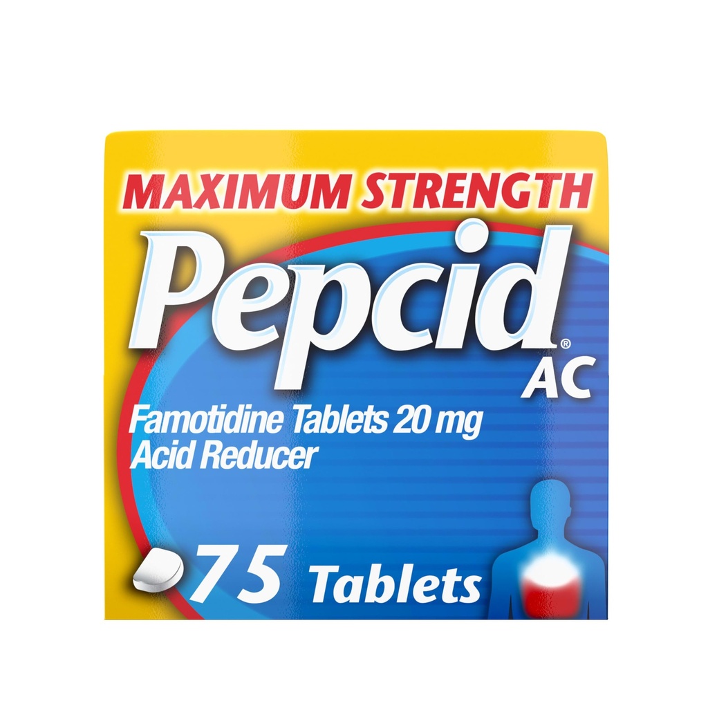 Pepcid AC maksimalna moč zgaga Relief tablete, OTC Medicine Preprečuje in sprošča zgago zaradi kisle prebave, 20mg Famotidin Acid Reducer, hitro delovanje, 75 Ct