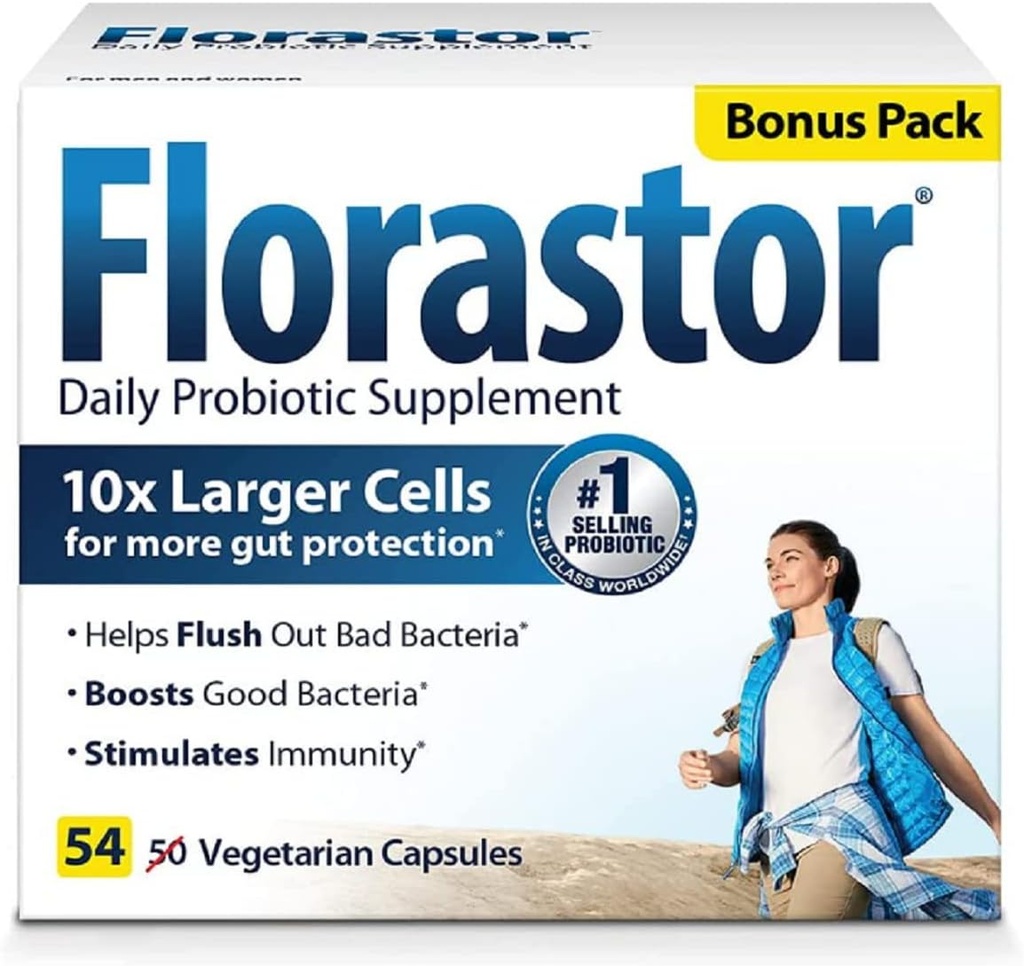 Florastor Daily Probiotic Supplement za ženske in moške, dokazano za podporo prebavnega zdravja, Saccharomyces Boulardii CNCM I-745 (54 kapsul), pakiranje po 4