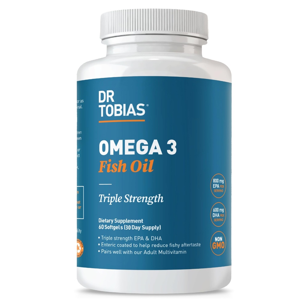 Dr. Tobias Omega 3 ribje olje, 2000mg Trojna moč z 800mg EPA 600mg DHA na strežbo, ribje olje Omega 3 Dopolnila za srce, možgani in imunske podpore, 60 Mehkužci, 30 Servings